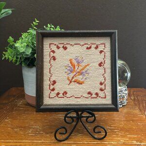 Midcentury Crewel Needlepoint Flowers Framed Picture